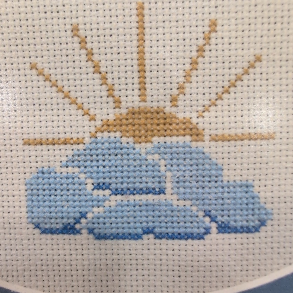 Vintage Cross Stitch Framed Art Sun and Clouds Needlepoint Blue Wood Frame - Picture 3 of 6